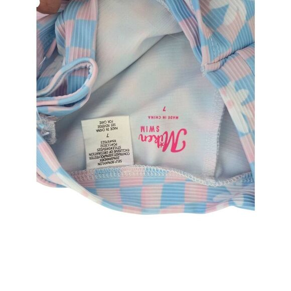 Miken Swimsuit Two Piece Size 7 checkered Blue Pink Daisy Print NEW - Picture 4 of 4